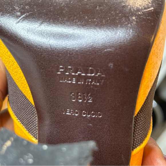 PRADA Brown & Mustard Yellow Leather Textile Heels 8.5 - Picture 10 of 16